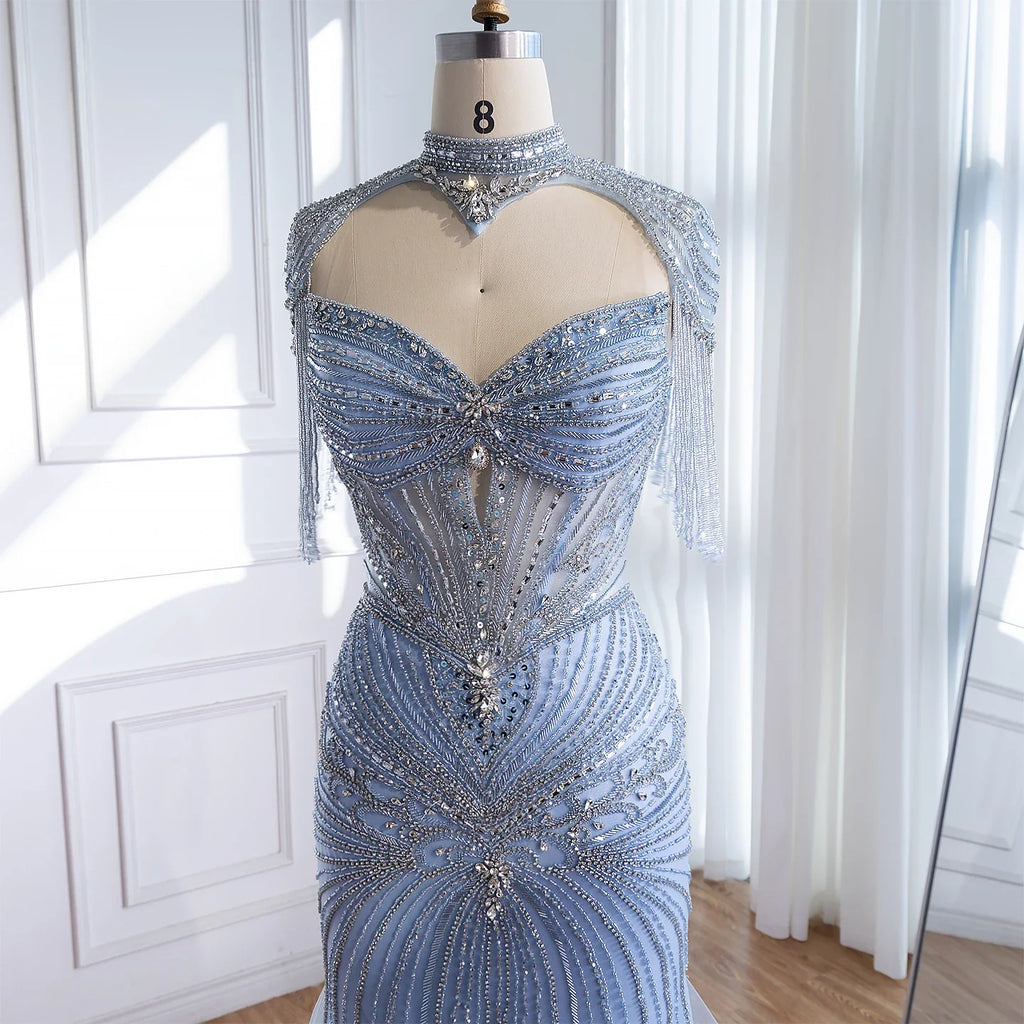 Luxury Dubai Beaded Blue Pink Evening Dress with Tassel Cape LA72897B - SERENE HILL