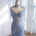 Luxury Dubai Beaded Blue Pink Evening Dress with Tassel Cape LA72897B - SERENE HILL