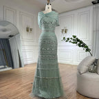 Luxury Sage Green Beaded Evening Dress with Cape LA72126B