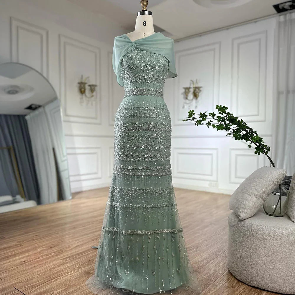 Luxury Sage Green Beaded Evening Dress with Cape LA72126B