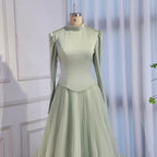 Luxury Sage Green Modest Muslim 3D Flower A-Line Evening Dress LA72913B - SERENE HILL