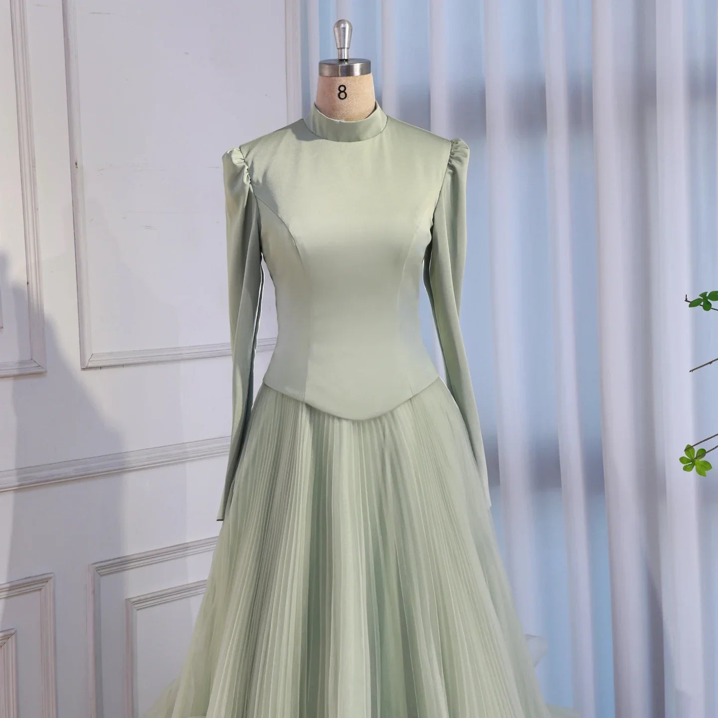 Luxury Sage Green Modest Muslim 3D Flower A-Line Evening Dress LA72913B - SERENE HILL