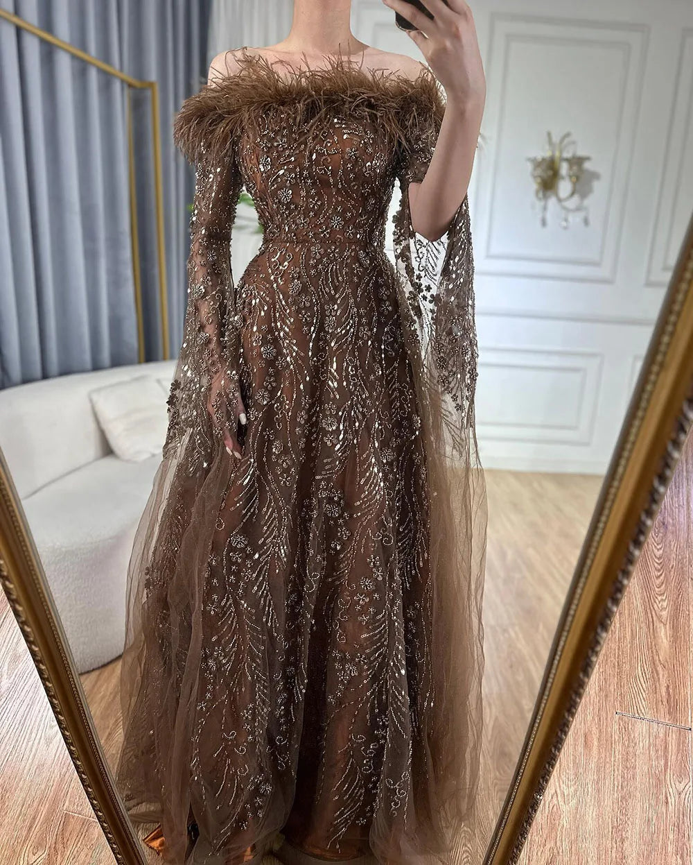 Off Shoulder Feathers Brown Evening Dress with Cape Sleeves LA72401