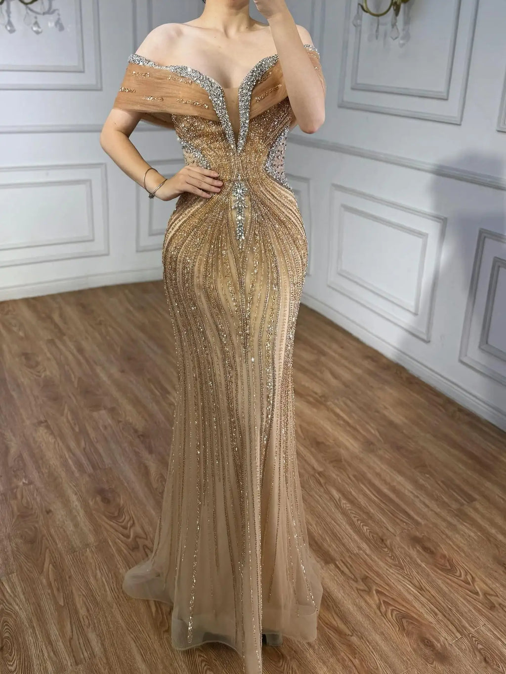 Luxury Saudi Arabic Gold Luxury Crystal Beaded Mermaid Evening Dress LA73142A - SERENE HILL
