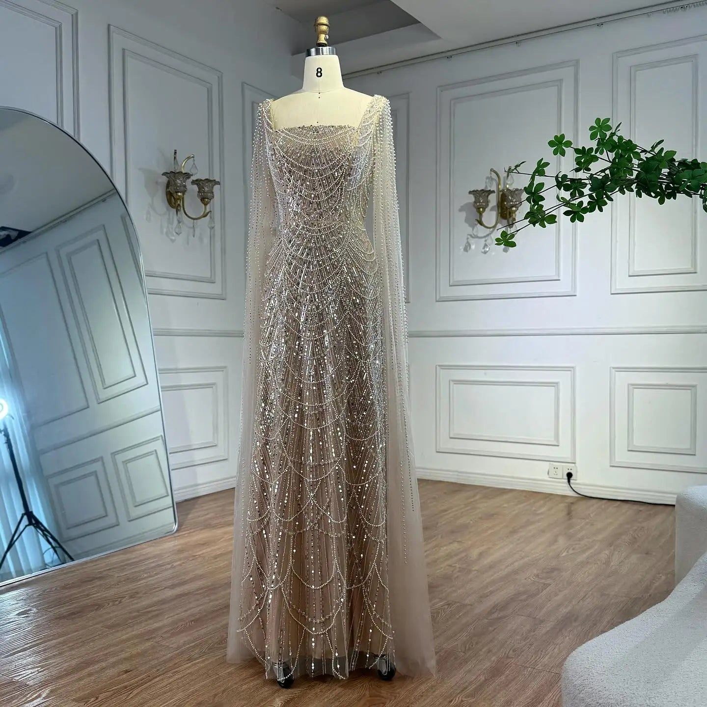 Luxury Dubai Nude Modest Muslin A-Line Evening Dress Plus Size LA72590B - SERENE HILL