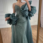 Red Trapless Mermaid Beaded Evening Dress with Cape LA72896