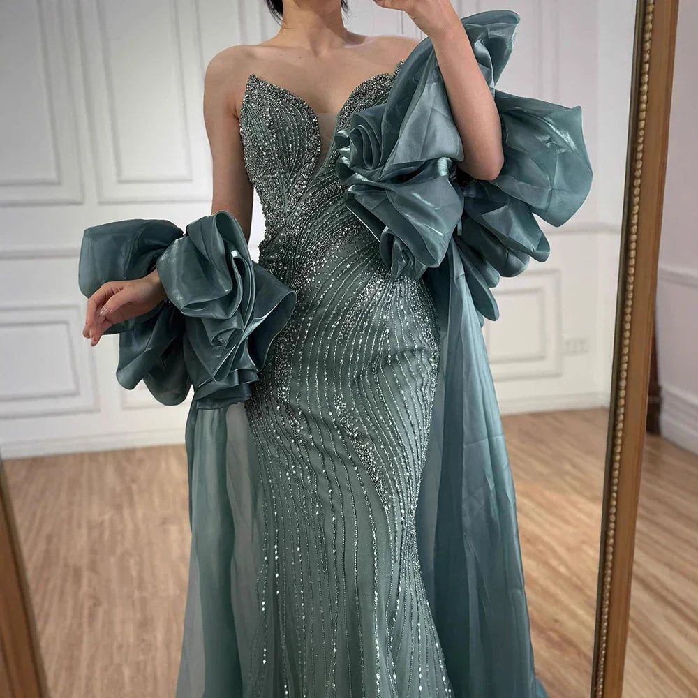 Red Trapless Mermaid Beaded Evening Dress with Cape LA72896