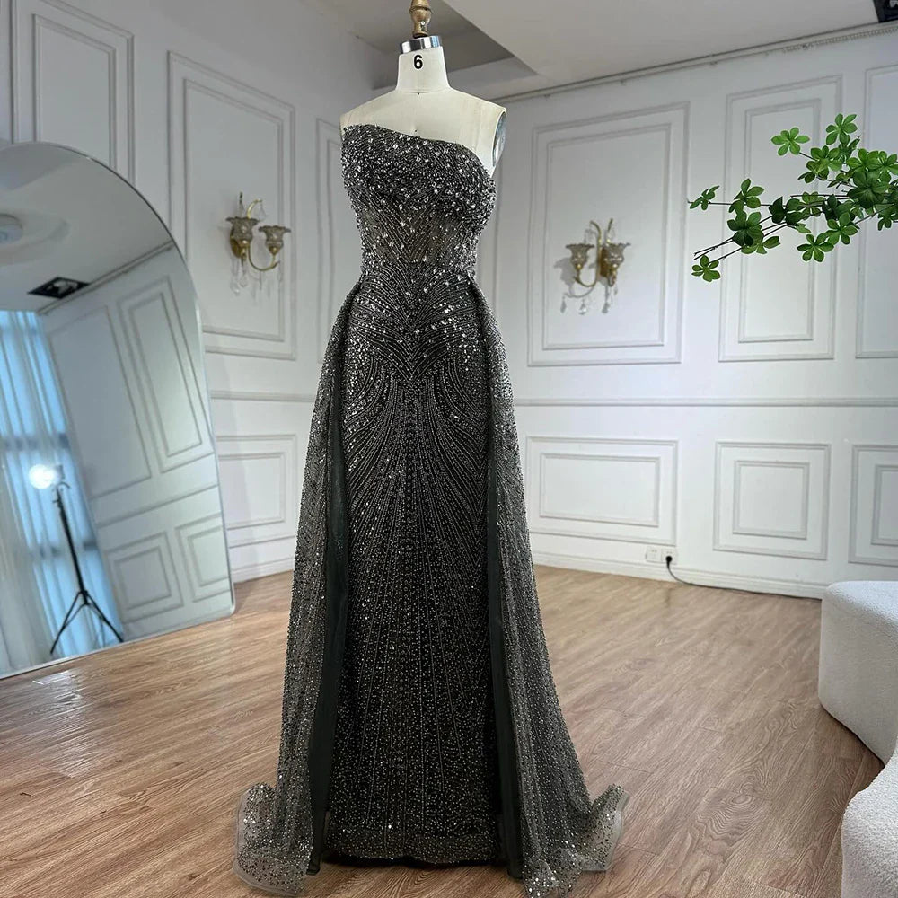 Luxury Olive Green Beaded Mermaid Evening Dress with Overskirt LA73164