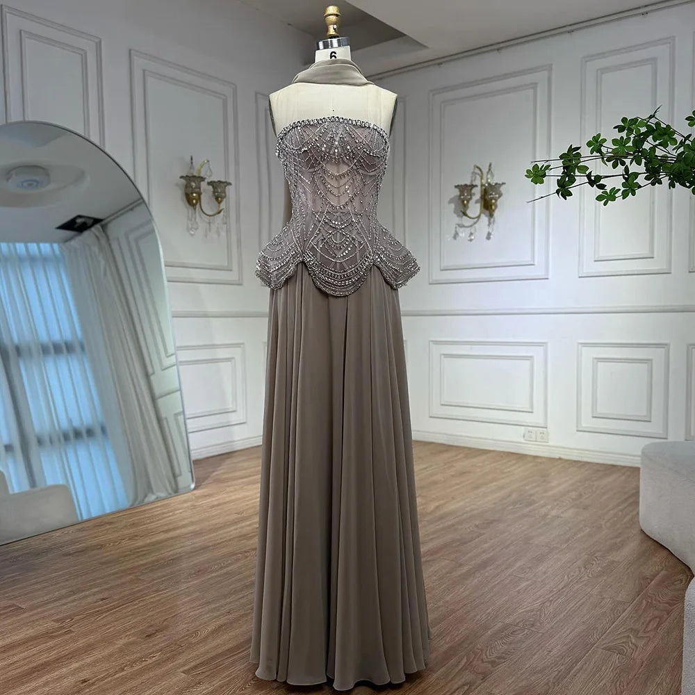 Luxury Designer Nude Beaded Chiffon Evening Dress LA72915