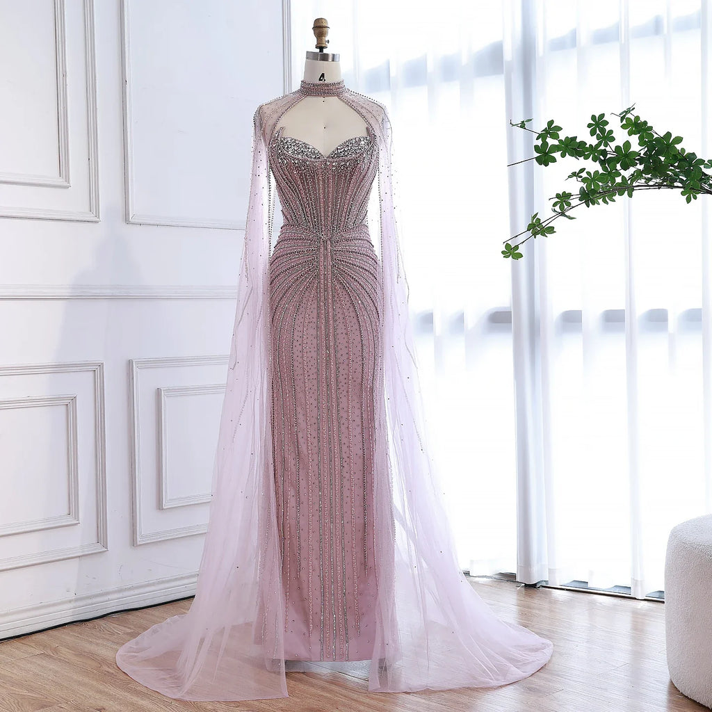 Luxury Dubai Caramel Beaded Evening Dress With Cape LA72811C - SERENE HILL