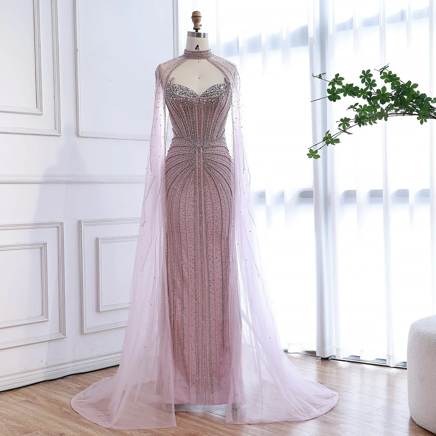 Luxury Dubai Caramel Beaded Evening Dress With Cape LA72811C - SERENE HILL