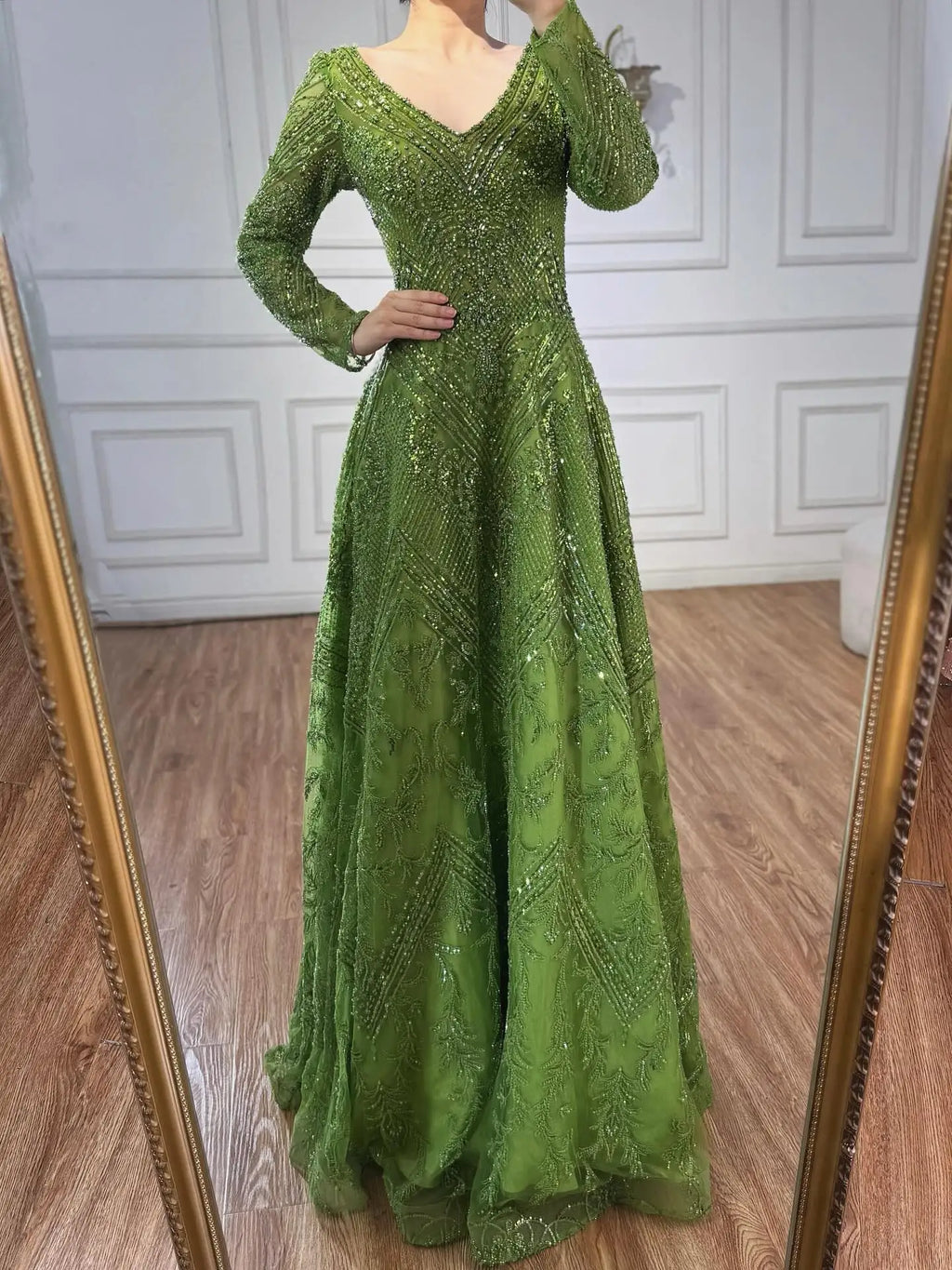 Luxury Lime Green Lace Beaded Long Sleeve Evening Dress LA73324 - SERENE HILL