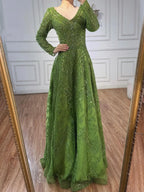 Luxury Lime Green Lace Beaded Long Sleeve Evening Dress LA73324 - SERENE HILL