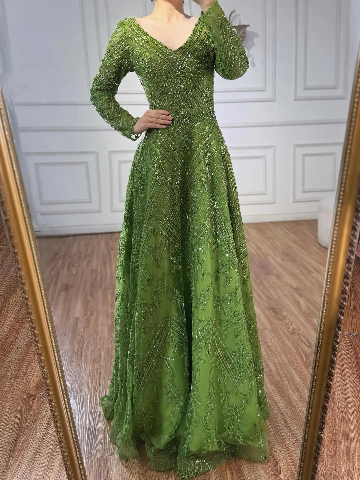 Luxury Lime Green Lace Beaded Long Sleeve Evening Dress LA73324 - SERENE HILL