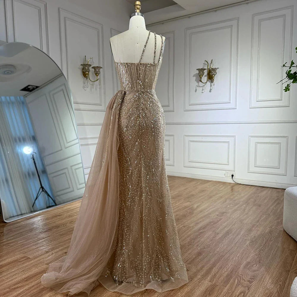 Luxury Nude Crystal Beaded One-Shoulder Evening Dress with Overskirt LA73161