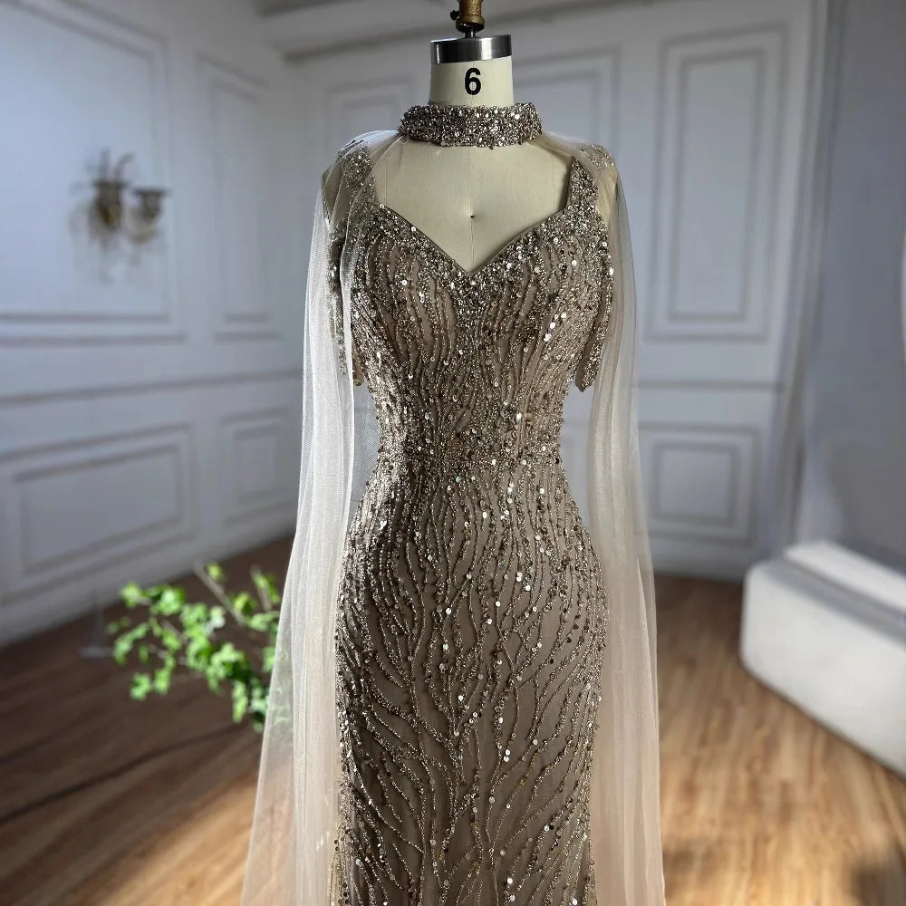 Pink Mermaid Luxury Beaded Evening Gown with Cape Sleeves LA72921