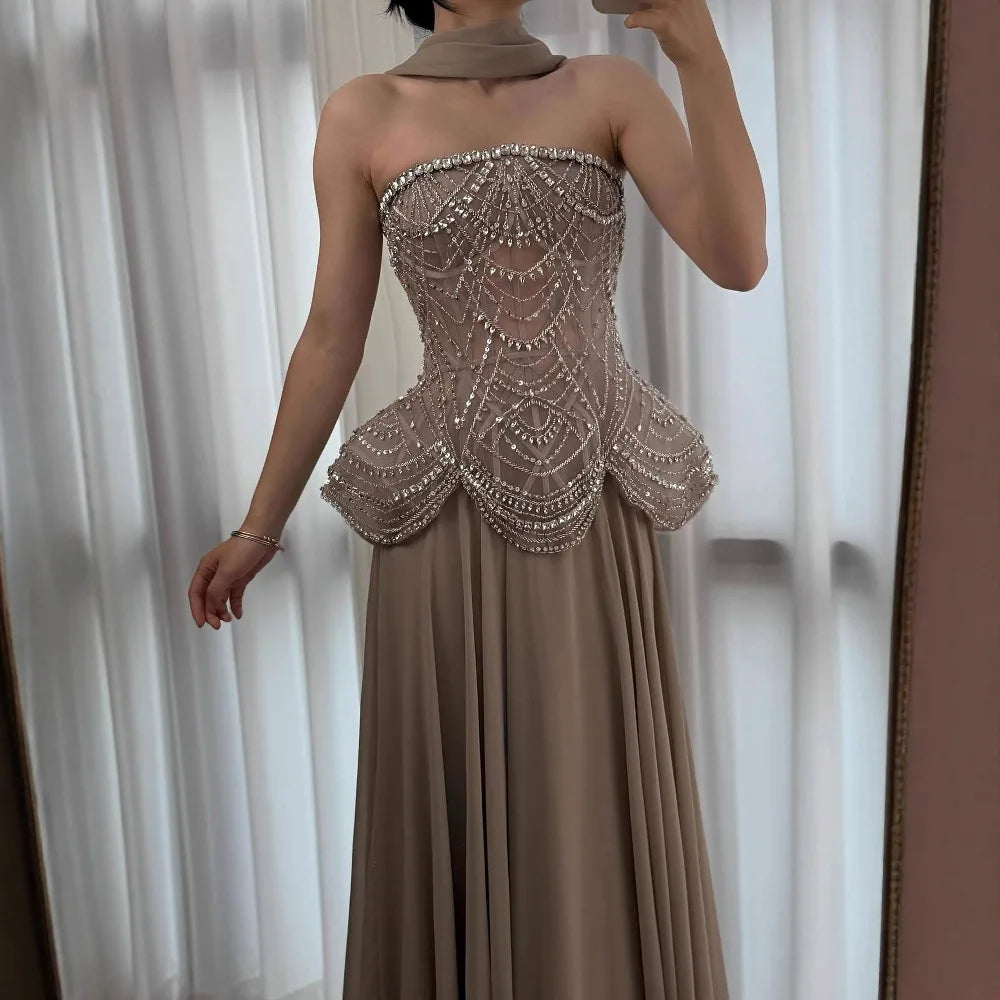 Luxury Designer Nude Beaded Chiffon Evening Dress LA72915