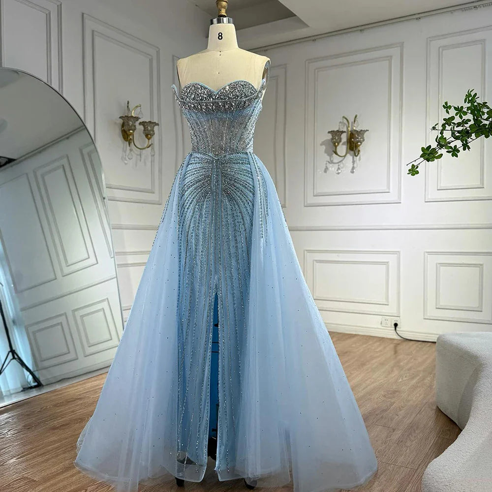 Luxury Dubai Nude Beaded Mermaid Evening Dress with Overskirt LA72811