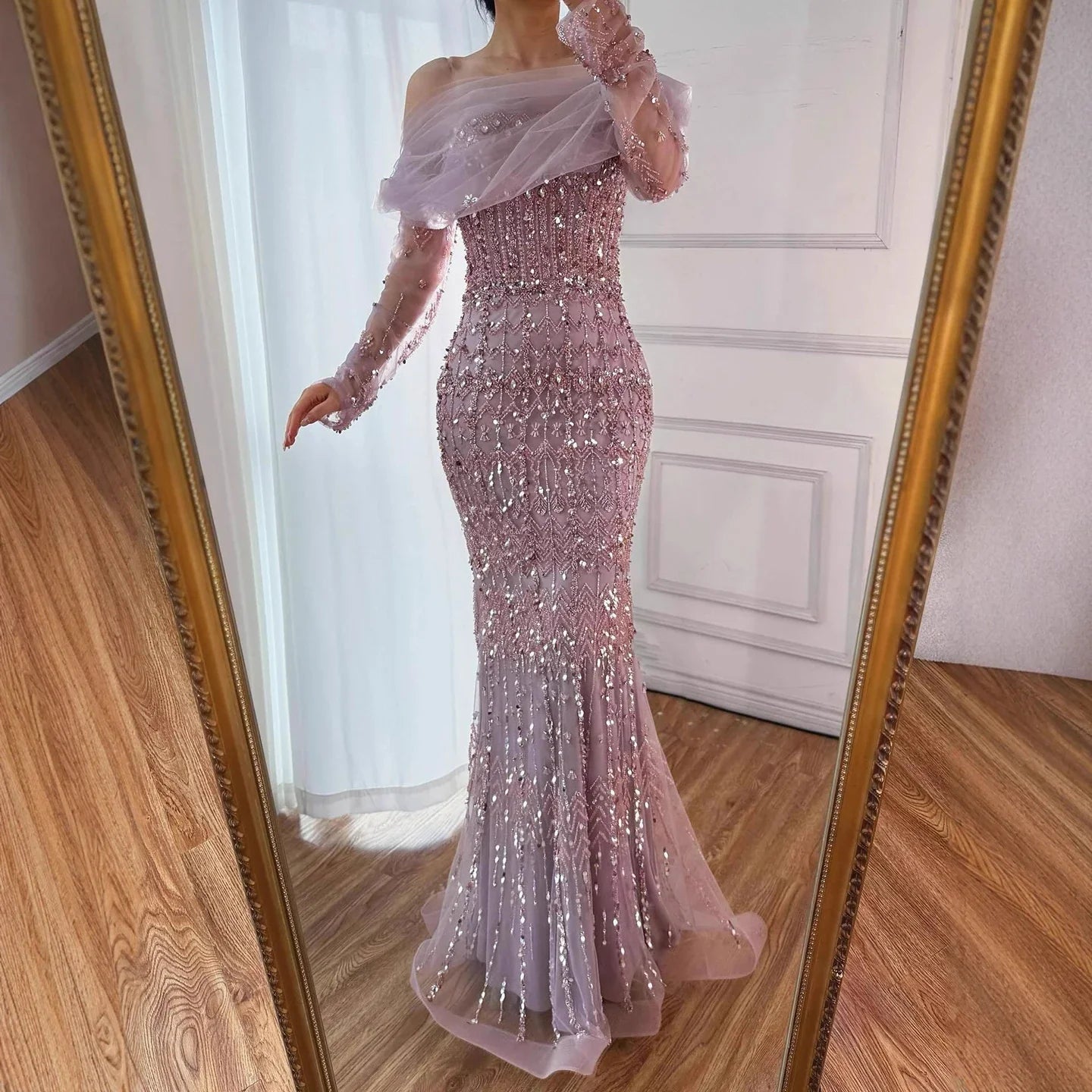 Luxury Dubai White Mermaid Beaded Evening Dress with  Cape Sleeves LA72714