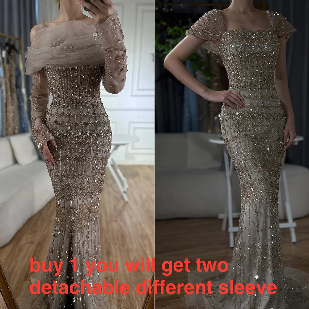 Luxury Dubai White Mermaid Beaded Evening Dress with  Cape Sleeves LA72714