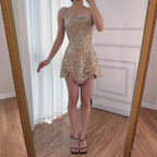 Luxury Nude Pearl Beaded A-Line Mini Evening Dress LA73211 - SERENE HILL
