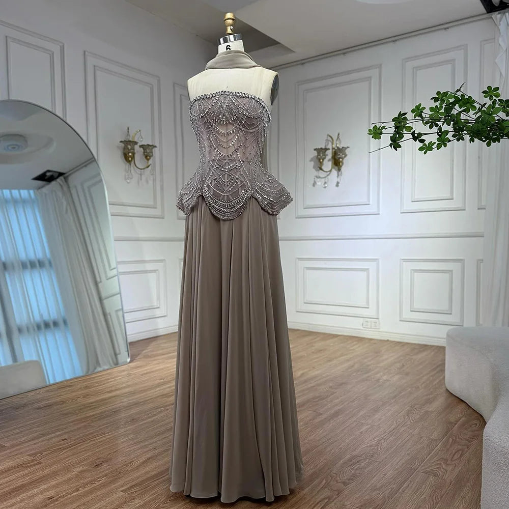 Luxury Designer Nude Beaded Chiffon Evening Dress LA72915