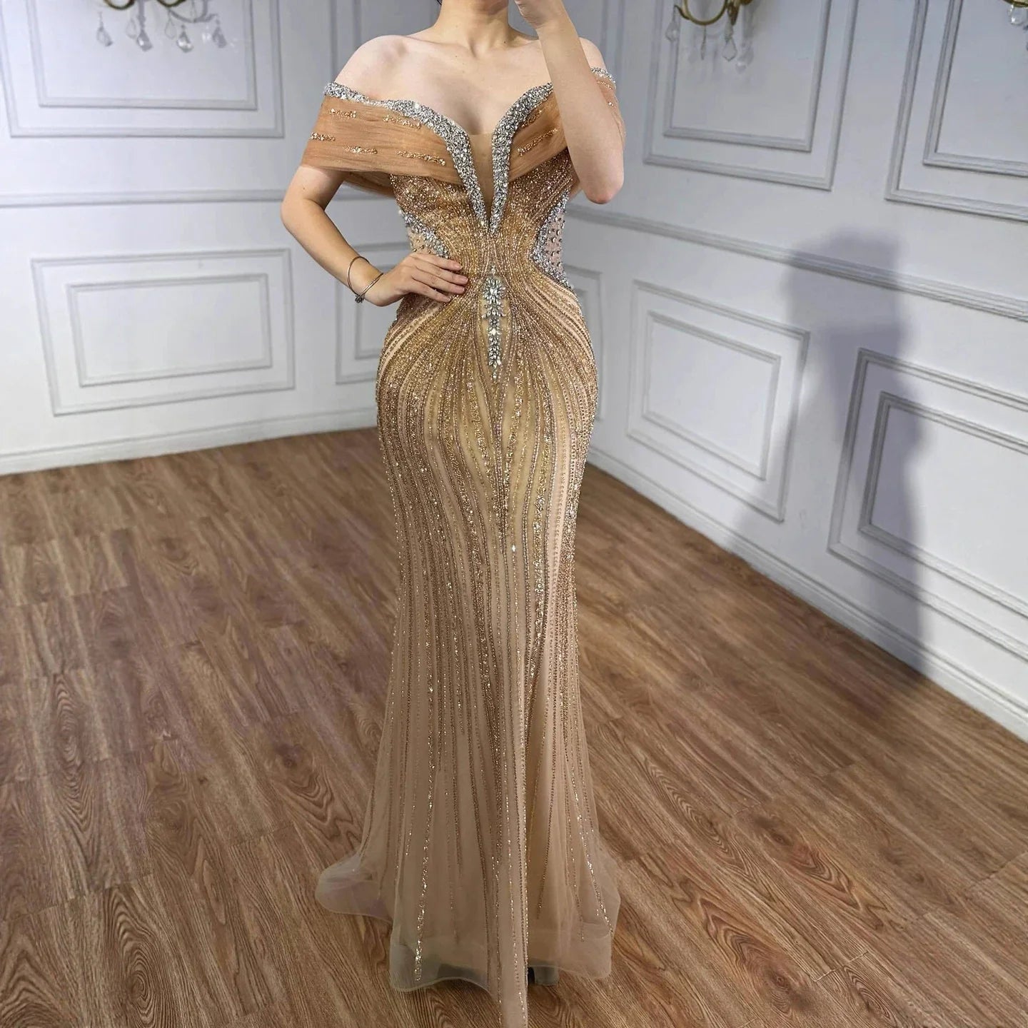 Luxury Saudi Arabic Gold Luxury Crystal Beaded Mermaid Evening Dress LA73142A - SERENE HILL
