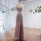 Luxury Pink Crystal One Shoulder Beaded Evening Dress Split LA73197 - SERENE HILL