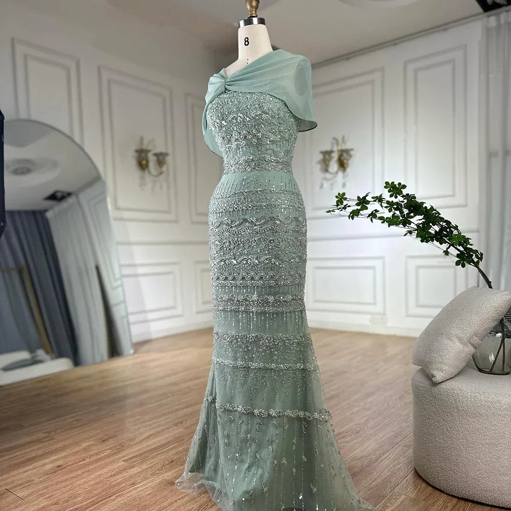 Luxury Sage Green Beaded Evening Dress with Cape LA72126B