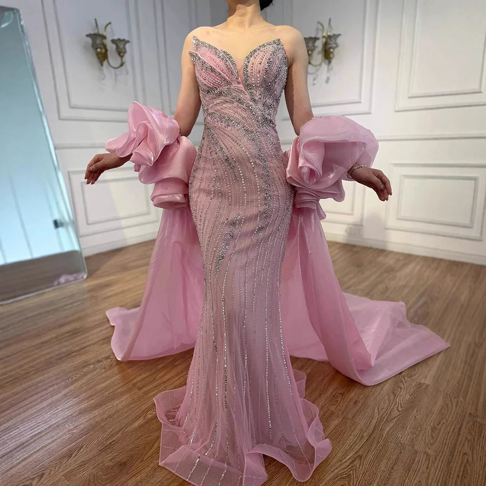 Red Trapless Mermaid Beaded Evening Dress with Cape LA72896