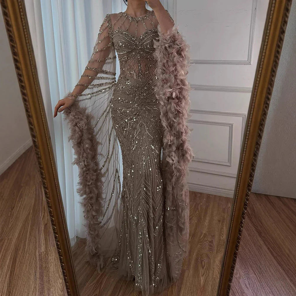 Modest Pink Feathers Long Cape Sleeves Mermaid Evening Dress LA72708A
