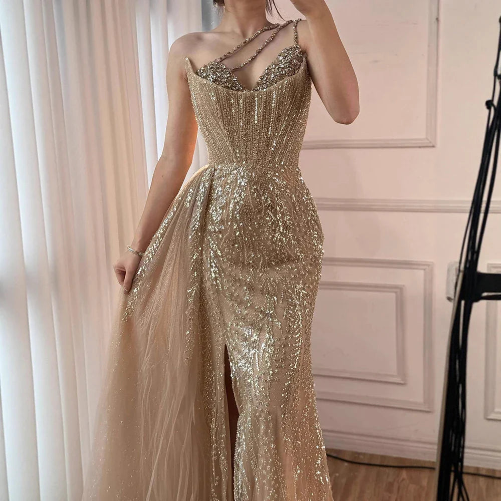 Luxury Nude Crystal Beaded One-Shoulder Evening Dress with Overskirt LA73161