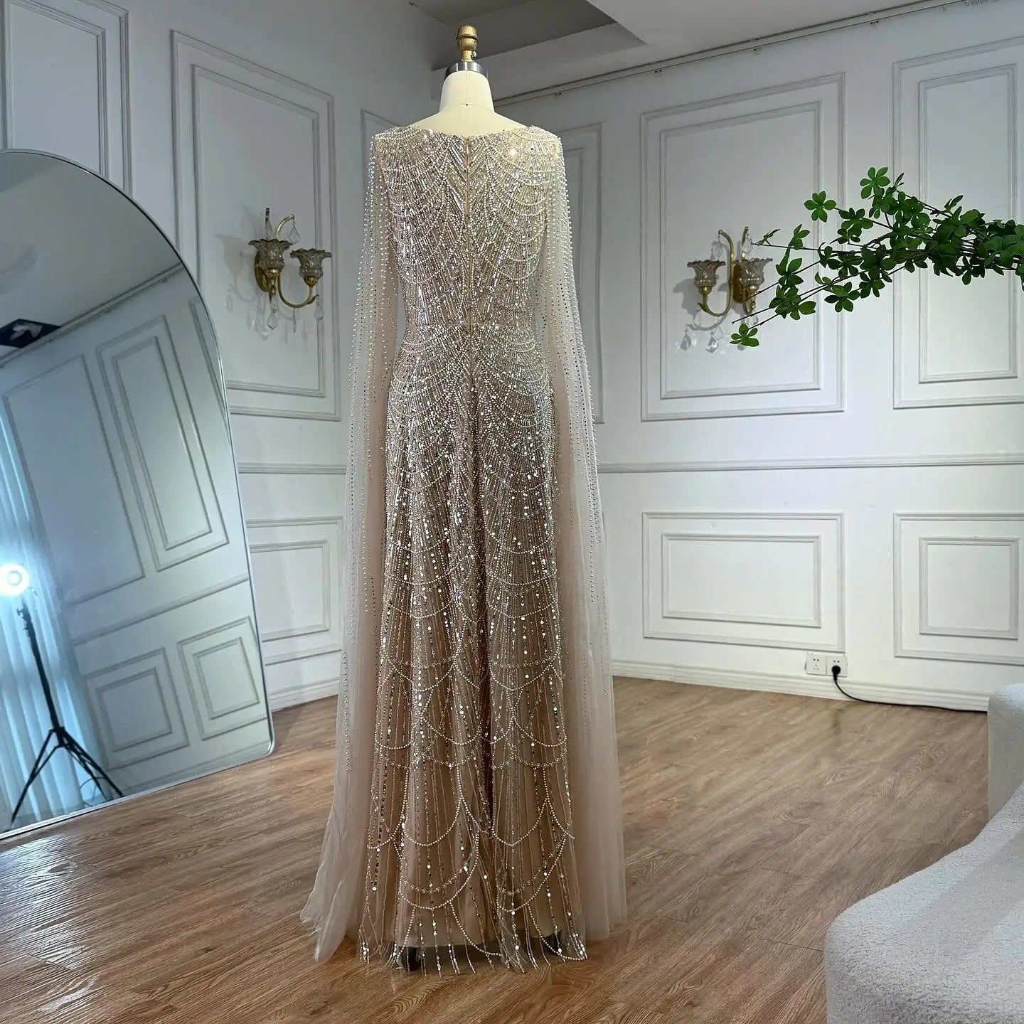 Luxury Dubai Nude Modest Muslin A-Line Evening Dress Plus Size LA72590B - SERENE HILL