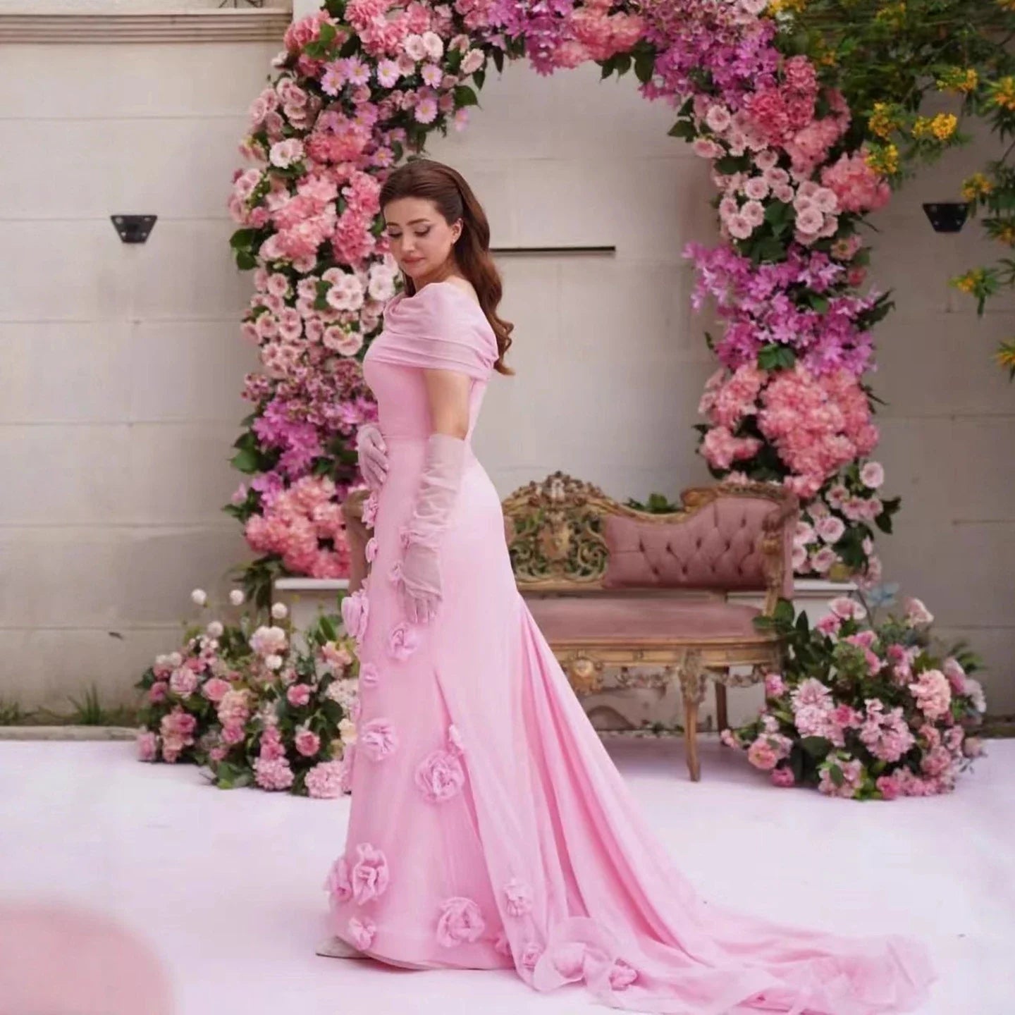 Elegant Pink 3D Flower Off Shoulder Mermaid Evening Dress LA73222 - SERENE HILL