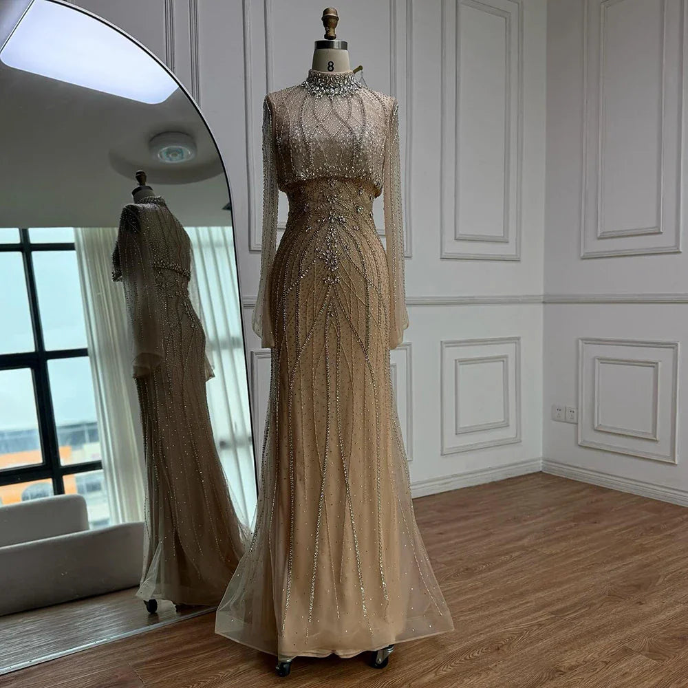 Luxury Turquoise Crystal Beaded Mermaid High Neck Long Sleeve Evening Dress LA73136