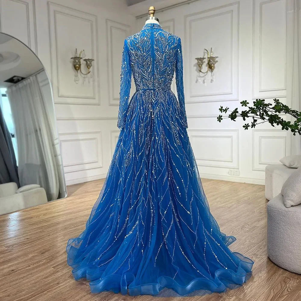 Luxury Muslim Blue A-Line Beaded Dubai Evening Dress LA72302A - SERENE HILL