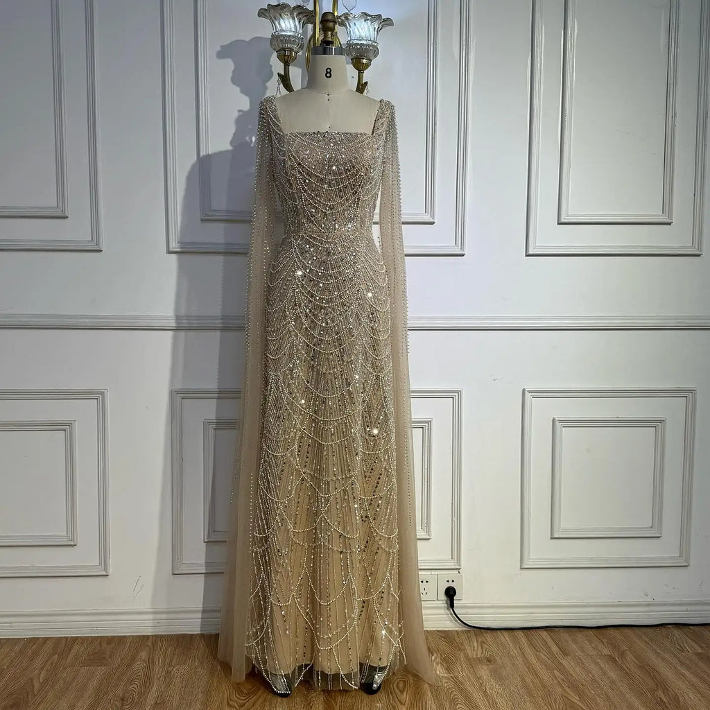 Luxury Dubai Nude Modest Muslin A-Line Evening Dress Plus Size LA72590B - SERENE HILL