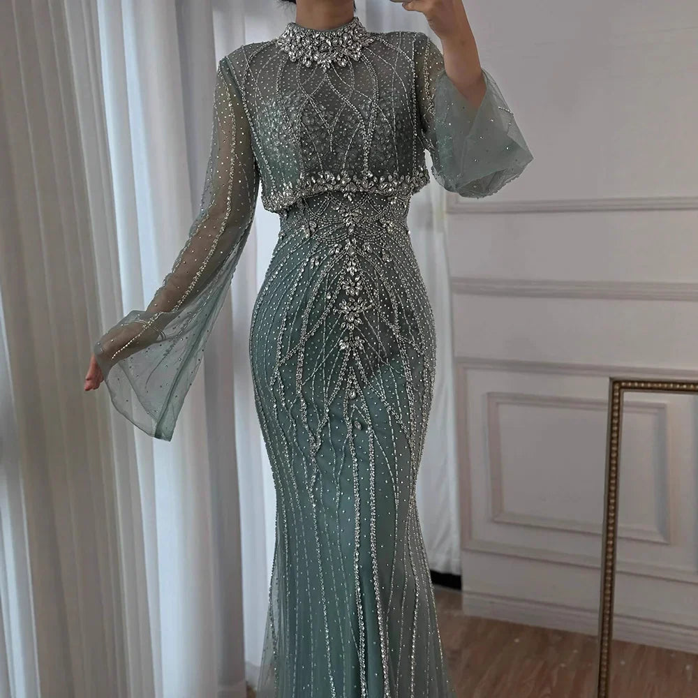 Luxury Turquoise Crystal Beaded Mermaid High Neck Long Sleeve Evening Dress LA73136