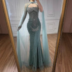 Luxury Turquoise Crystal Beaded Evening Dress with Cape LA73202 - SERENE HILL