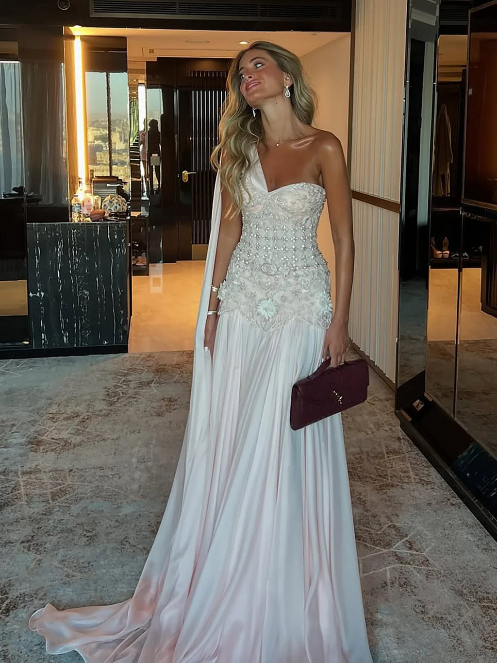 Luxury Pink Arabic Floral chiffon Evening Dress With Cape LA73451