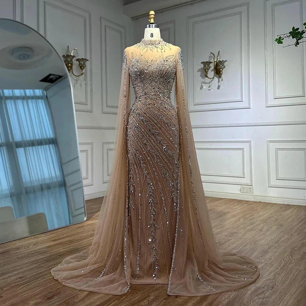 Luxury Nude Mermaid Evening Dress with Cape Sleeves LA71885A