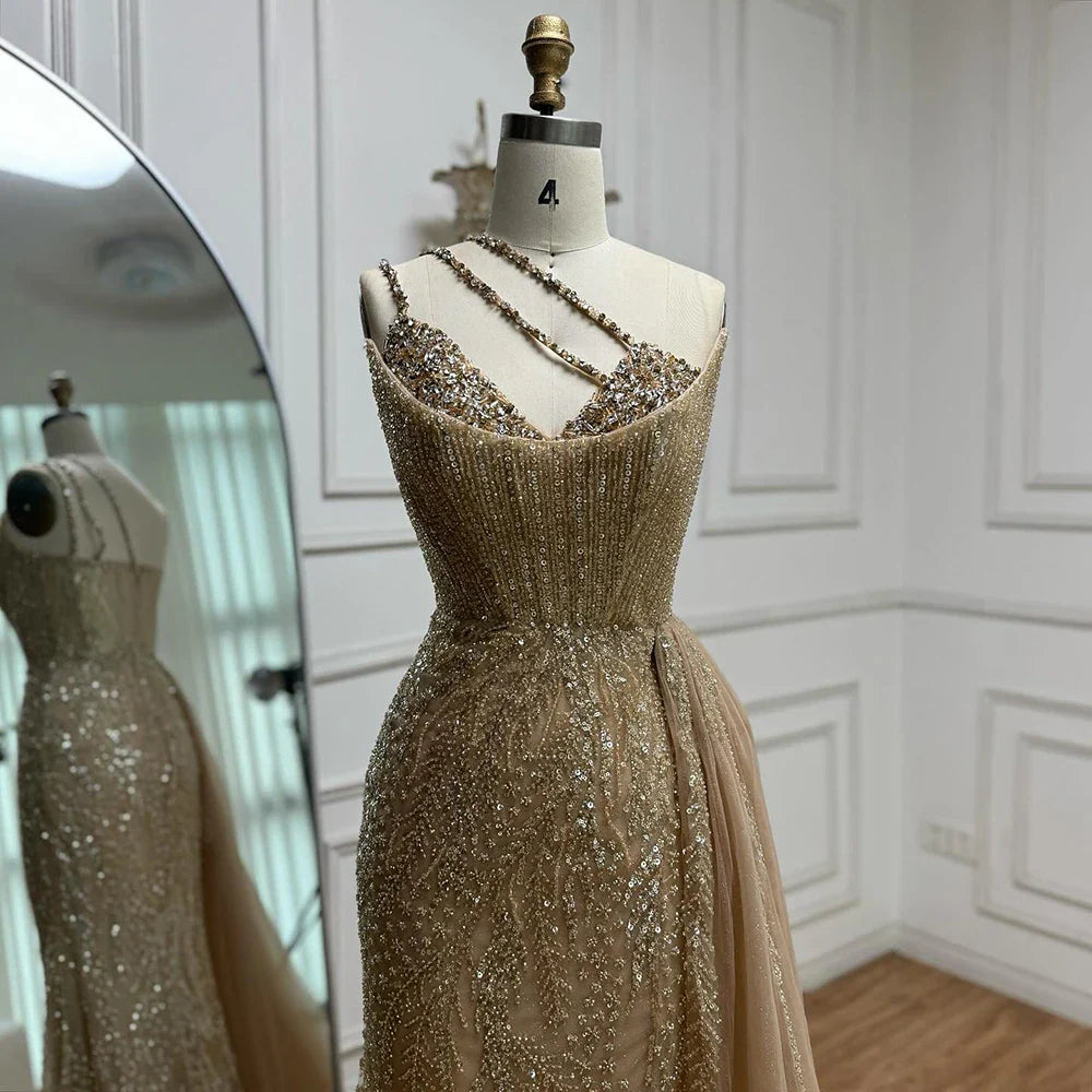 Luxury Nude Crystal Beaded One-Shoulder Evening Dress with Overskirt LA73161