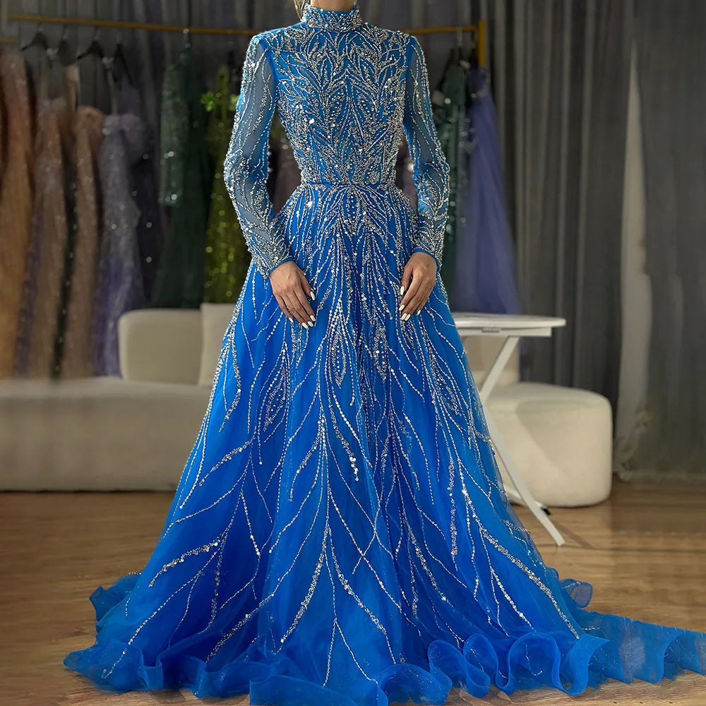 Luxury Muslim Blue A-Line Beaded Dubai Evening Dress LA72302A - SERENE HILL