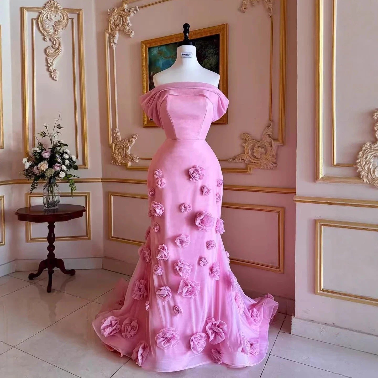 Elegant Pink 3D Flower Off Shoulder Mermaid Evening Dress LA73222 - SERENE HILL