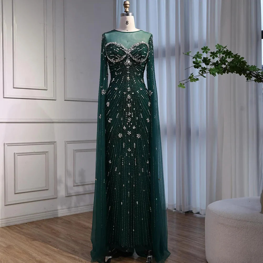 Luxury Green Beaded Mermaid Dress with Cape Sleeves LA73115