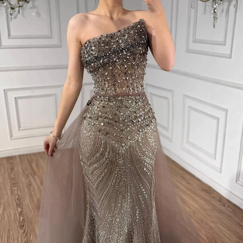 Luxury Olive Green Beaded Mermaid Evening Dress with Detachable Overskirt LA73164A