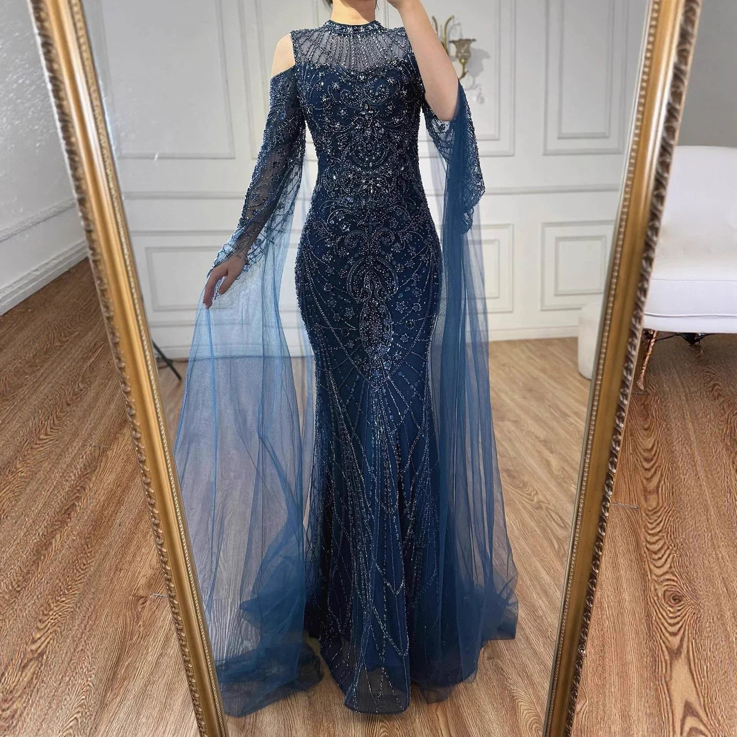 Luxury Dubai Navy Blue Beaded Lace Evening Dress with Cape Sleeves LA73323 - SERENE HILL