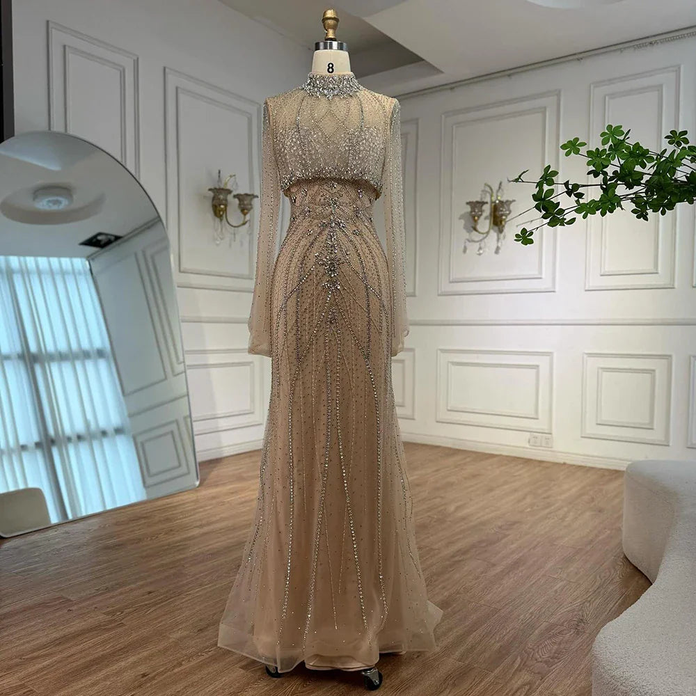 Luxury Turquoise Crystal Beaded Mermaid High Neck Long Sleeve Evening Dress LA73136