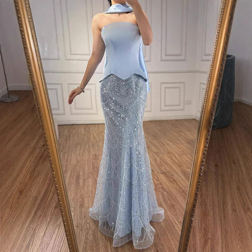 Blue Arabic Dubai Designer A-Line Evening Dress for Women Party LA73216 - SERENE HILL