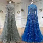 Luxury Muslim Blue A-Line Beaded Dubai Evening Dress LA72302A - SERENE HILL